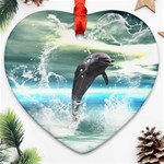 Funny Dolphin Jumping By A Heart Made Of Water Heart Ornament (2 Sides) Front