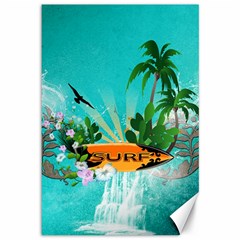 Surfboard With Palm And Flowers Canvas 12  X 18   by FantasyWorld7