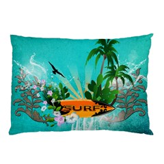 Surfboard With Palm And Flowers Pillow Cases by FantasyWorld7