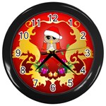 Funny, Cute Christmas Owl  With Christmas Hat Wall Clocks (Black) Front