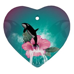 Orca Jumping Out Of A Flower With Waterfalls Ornament (heart)  by FantasyWorld7