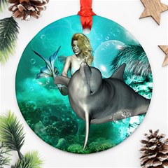 Beautiful Mermaid With  Dolphin With Bubbles And Water Splash Ornament (round)  by FantasyWorld7