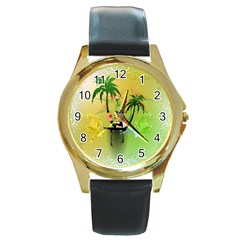 Surfing, Surfboarder With Palm And Flowers And Decorative Floral Elements Round Gold Metal Watches by FantasyWorld7