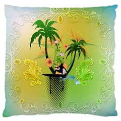 Surfing, Surfboarder With Palm And Flowers And Decorative Floral Elements Large Flano Cushion Cases (one Side)  by FantasyWorld7