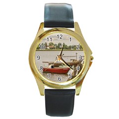 Santa Lucia River In Montevideo Uruguay Round Gold Metal Watches by dflcprints