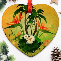 Tropical Design With Flowers And Palm Trees Heart Ornament (2 Sides) by FantasyWorld7