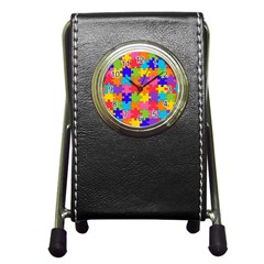 Funny Colorful Puzzle Pieces Pen Holder Desk Clocks by yoursparklingshop