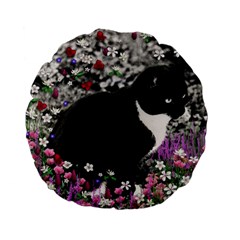 Freckles In Flowers Ii, Black White Tux Cat Standard 15  Premium Flano Round Cushions by DianeClancy