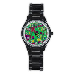 Bright Green Mod Pop Art Stainless Steel Round Watch by BrightVibesDesign