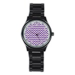 Royal Purple & White Zigzag Pattern Stainless Steel Round Watch Front