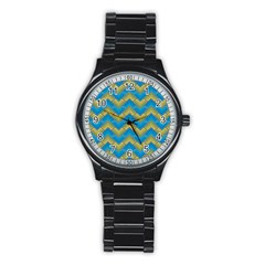 Blue And Yellow Stainless Steel Round Watch by FunkyPatterns