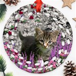 Emma In Flowers I, Little Gray Tabby Kitty Cat Ornament (Round Filigree)  Front