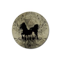 Wonderful Black Horses, With Floral Elements, Silhouette Magnet 3  (round) by FantasyWorld7