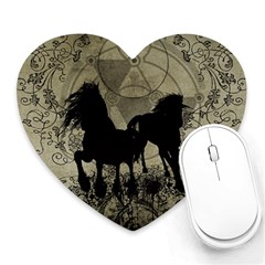 Wonderful Black Horses, With Floral Elements, Silhouette Heart Mousepads by FantasyWorld7