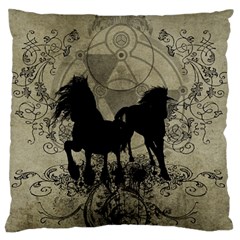 Wonderful Black Horses, With Floral Elements, Silhouette Large Flano Cushion Case (one Side) by FantasyWorld7