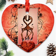 Cute Giraffe In Love With Heart And Floral Elements Ornament (heart)  by FantasyWorld7