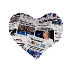 Hillary 2016 Historic Newspaper Collage Standard 16  Premium Flano Heart Shape Cushions by blueamerica