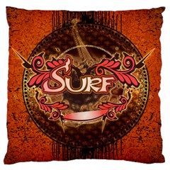 Surfing, Surfboard With Floral Elements  And Grunge In Red, Black Colors Large Cushion Case (one Side) by FantasyWorld7