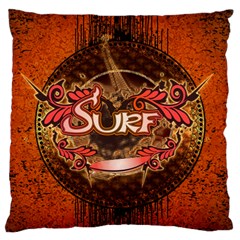 Surfing, Surfboard With Floral Elements  And Grunge In Red, Black Colors Large Flano Cushion Case (two Sides) by FantasyWorld7