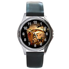 Halloween, Funny Pumpkin With Skull And Spider In The Night Round Metal Watch by FantasyWorld7