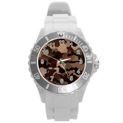 Background For Scrapbooking Or Other Camouflage Patterns Beige And Brown Round Plastic Sport Watch (l) by Nexatart