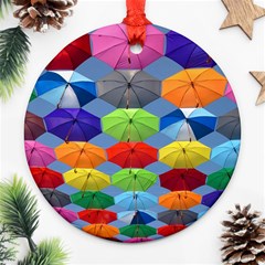 Color Umbrella Blue Sky Red Pink Grey And Green Folding Umbrella Painting Round Ornament (two Sides) by Nexatart