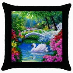 Swan Bird Spring Flowers Trees Lake Pond Landscape Original Aceo Painting Art Throw Pillow Case (black) by Amaryn4rt