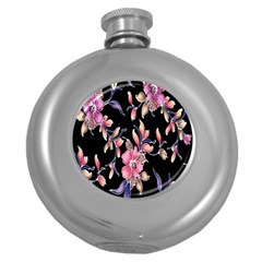 Neon Flowers Black Background Round Hip Flask (5 Oz) by Simbadda