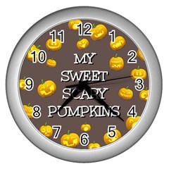 Scary Sweet Funny Cute Pumpkins Hallowen Ecard Wall Clocks (silver)  by Amaryn4rt