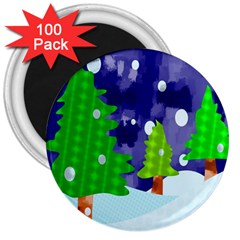 Christmas Trees And Snowy Landscape 3  Magnets (100 Pack) by Simbadda