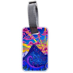 Psychedelic Colorful Lines Nature Mountain Trees Snowy Peak Moon Sun Rays Hill Road Artwork Stars Luggage Tags (two Sides) by Simbadda