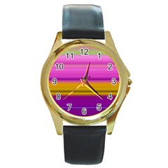 Stripes Colorful Background Colorful Pink Red Purple Green Yellow Striped Wallpaper Round Gold Metal Watch by Simbadda