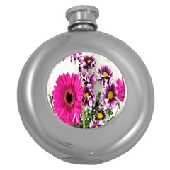 Purple White Flower Bouquet Round Hip Flask (5 Oz) by Simbadda