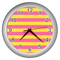 Horizontal Pink Yellow Line Wall Clocks (silver)  by Mariart