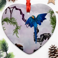 Wonderful Blue Parrot In A Fantasy World Heart Ornament (two Sides) by FantasyWorld7