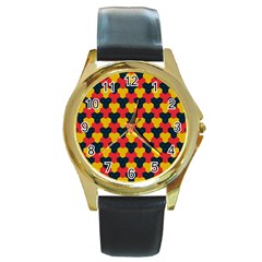 Red Blue Yellow Shapes Pattern        			round Gold Metal Watch by LalyLauraFLM