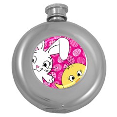 Easter Bunny And Chick  Round Hip Flask (5 Oz) by Valentinaart