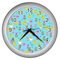 Easter - Chick And Tulips Wall Clocks (silver)  by Valentinaart