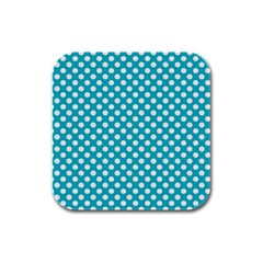 Sleeping Kitties Polka Dots Teal Rubber Square Coaster (4 Pack)  by emilyzragz