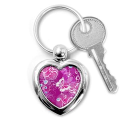 Flower Butterfly Pink Key Chains (heart)  by Mariart