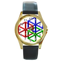 Impossible Cubes Red Green Blue Round Gold Metal Watch by Mariart