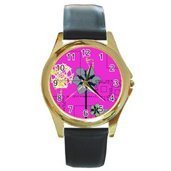 Flowers And Squares              Round Gold Metal Watch by LalyLauraFLM