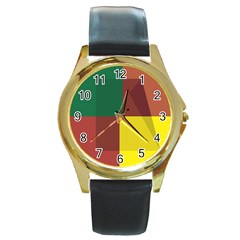 Albers Out Plaid Green Pink Yellow Red Line Round Gold Metal Watch by Mariart