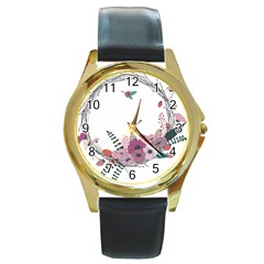 Flowers Twig Corolla Wreath Lease Round Gold Metal Watch by Nexatart