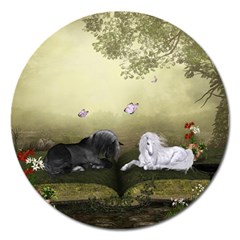 Wonderful Whte Unicorn With Black Horse Magnet 5  (round) by FantasyWorld7