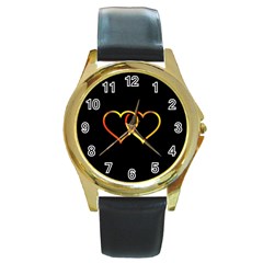 Heart Gold Black Background Love Round Gold Metal Watch by Nexatart