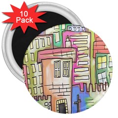 A Village Drawn In A Doodle Style 3  Magnets (10 Pack)  by BangZart