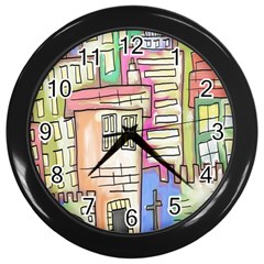 A Village Drawn In A Doodle Style Wall Clocks (black) by BangZart