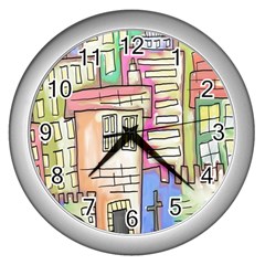 A Village Drawn In A Doodle Style Wall Clocks (silver)  by BangZart