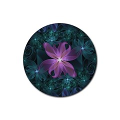 Pink And Turquoise Wedding Cremon Fractal Flowers Rubber Round Coaster (4 Pack)  by jayaprime